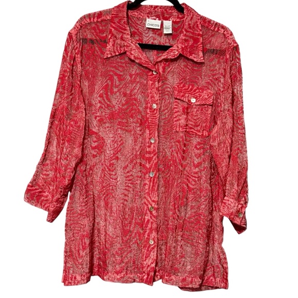Chico's Tops - Chico’s Semi Sheer Animal Print 3/4 Sleeve Button Front Blouse Top